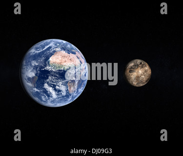 Eine gerenderte Größenvergleich des Jupiter-Mond Ganymed und der Planetenerde auf einem Sternenhimmel. Stockfoto