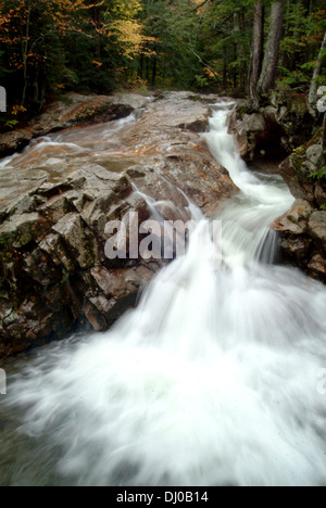 New Hampshire-Stream durchschneidet eine alte Felsformation im Herbst. Stockfoto