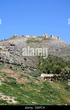 Blick auf die Burg auf dem Hügel (Castillo De La Estrella), Teba, Provinz Malaga, Andalusien, Spanien, Westeuropa. Stockfoto