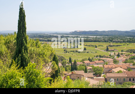 Blick vom Chateauneuf du Pape über Weinberge in Richtung ins Rhonetal, Frankreich, Europa Stockfoto