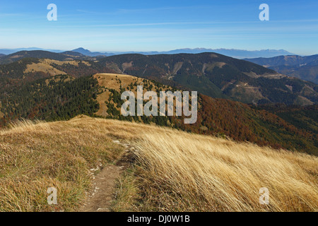 Ausblick vom Gipfel des Rakytov (Velka Fatra) zur hohen Tatra, Slowakei. Stockfoto