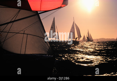 Roten Spinnaker führenden Segelboot auf Monterey Bay, Kalifornien, USA Stockfoto