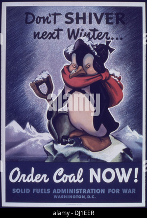 Dieses Propagandaplakat des Zweiten Weltkriegs rät den Bürgern, sich frühzeitig auf den Winter vorzubereiten, indem sie im Voraus Kohle bestellen und trotz der kriegsbedingten Ressourcenbeschränkungen eine kontinuierliche Heizleistung gewährleisten. Stockfoto