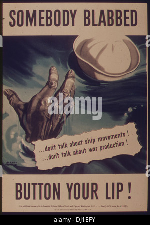 Ein Propagandaposter aus dem Zweiten Weltkrieg, in dem die Amerikaner aufgefordert werden, über sensible Informationen Schweigen zu halten. Sie betont die Bedeutung von Geheimhaltung in Kriegszeiten und schreckt unvorsichtiges Reden ab, indem sie innerstaatliche Bemühungen wie Kriegsproduktion und Siegesgärten fördert. Die Botschaft ermutigt zur Unterstützung der alliierten Sache und zum Kampf gegen Achsenmächte. Stockfoto