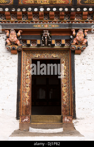 Bhutan, Thimpu Dzong, Detail der bemalte hölzerne Tür Struktur Dekoration Stockfoto