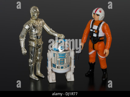 Star Wars 1977 Actionfiguren Vintage Kenner C-3PO R2-D2 Luke Skywalker Stockfoto