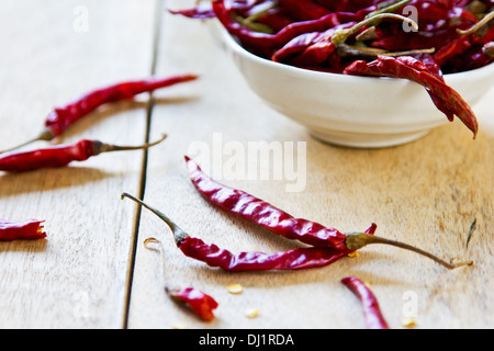 Getrocknete rote Thai Chilis in einer kleinen Schüssel Stockfoto