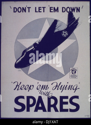 Dieses Propagandaplakat aus dem Zweiten Weltkrieg fördert die Wartung von Militärflugzeugen, indem es die Bedeutung von Ersatzteilen betont, um sicherzustellen, dass Flugzeuge für die Kriegsanstrengungen einsatzbereit bleiben. Stockfoto