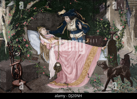 Die schlafende Schönheit. Das Wunder der Liebe. Gravur in der iberischen Abbildung, 1885. Farbige. Stockfoto