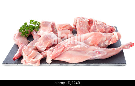 Kaninchenfleisch vor weißem Hintergrund Stockfoto