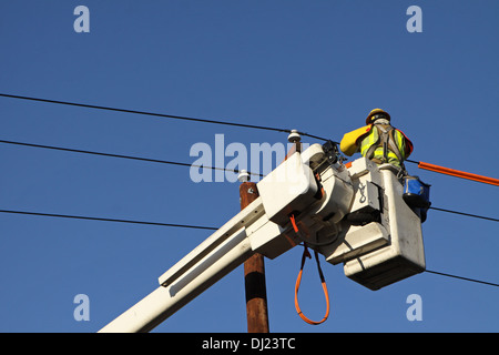 Dienstprogramm Störungssucher in Eimer Cherry Picker Arbeiten an Leitungen gegen den blauen Himmel Stockfoto