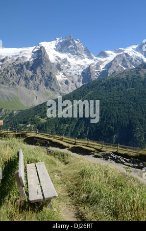 La Meije Peak aus Le Chazelet La Grave & Vakante Holzbank mit Blick über den Ecrins Nationalpark französische Alpen Hautes-Alpen Frankreich Stockfoto