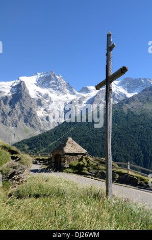 La Meije Peak & Gletscher aus Chazelet Oratoire oder Oratorium Ecrins Nationalpark La Grave französische Alpen Frankreich Stockfoto