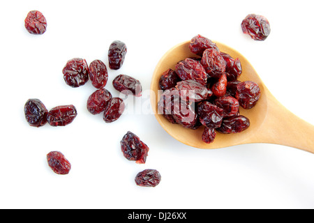 Getrocknete Preiselbeeren in einem Holzlöffel isoliert auf weißem Hintergrund Stockfoto