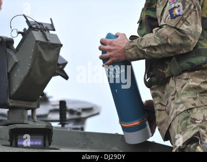 Die neueste Armee Reserven Schuss bei der Reichweiten bei Lulworth, Dorset, Großbritannien. Mitglieder der The Royal Wessex Yeomanry Bemannung Challenger II Panzer und Abschluss ihrer Armee reservieren Training, so dass sie von nun an vorderster Front aktiv Flaschenservice einsatzbereit sind. Der Teil der schnellen Eingreiftruppe zu bilden, obwohl sie sehr viel Teilzeit zivile sind Soldaten. 18. November 2013 Bild von: Geoff Moore, Dorset Mediendienst Stockfoto