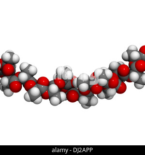 Polymilchsäure (PLA, Polylactid) Säure Biokunststoff, chemische Struktur - lineare Fragment (Detail). Kompostierbaren Polymer. Stockfoto