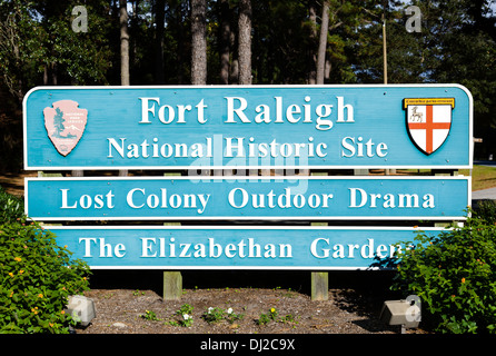 Ortseingangsschild Fort Raleigh National Historic Site, Roanoke Island, North Carolina, USA Stockfoto