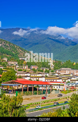 Ansicht von Thimphu, Thimpu Stadt und Hauptstadt von Bhutan ist Umgebung Stockfoto