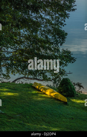 Eine unbesetzte gelben Kajak am Ufer unter den Ästen eines großen Baumes mit dem Meereswasser im Hintergrund in Sullivan, Maine Stockfoto