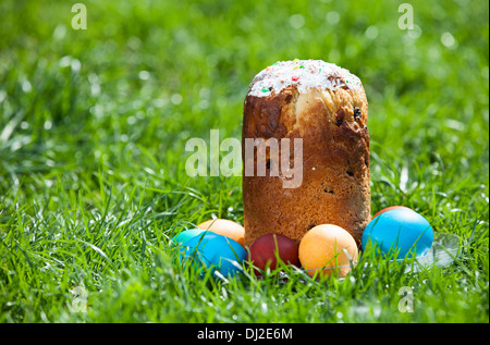 Osterkuchen und bemalten Eiern auf Rasen Stockfoto