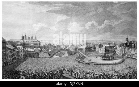 Ausführung auf dem Tower Hill, London, 1746. William Boyd, 4. Earl of Kilmarnock und Arthur Elphinstone, 6. Lord Balmerinoch, wird Stockfoto