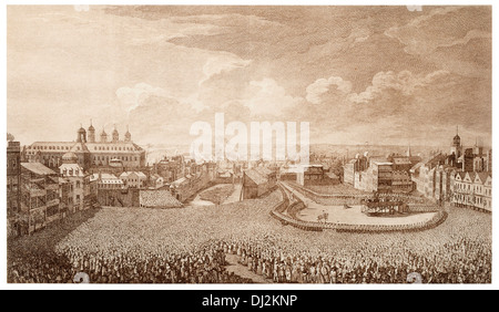 Ausführung auf dem Tower Hill, London, 1746. William Boyd, 4. Earl of Kilmarnock und Arthur Elphinstone, 6. Lord Balmerinoch, wird Stockfoto