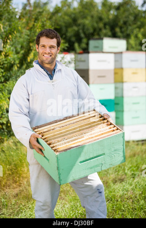 Zuversichtlich Imker tragen Honeycomb Kiste Stockfoto