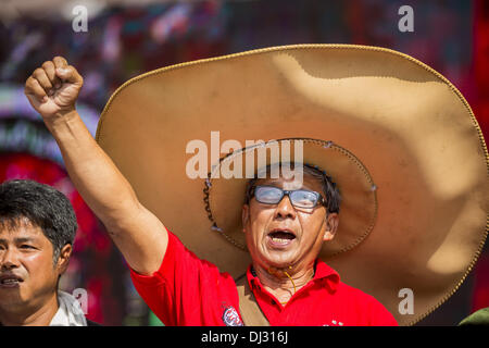 Bangkok, Thailand. 20. November 2013. Ein rotes Hemd Unterstützer einen riesigen Cowboy Hut wirft eine geballte Faust zur Unterstützung der Regierung Mittwoch. Tausende von Red Shirts liefern Unterstützer der Pheu Thai Partei in Thailand, versammelten sich im Rajamangala-Stadion in vorstädtischen Bangkok zu hören das thailändische Verfassungsgericht Urteil sein Urteil gegen die Regierung. Das Gericht entschied, dass die jüngsten Bemühungen der Regierung, eine Decke Amnestie Gesetz der thailändischen Verfassung verletzt aber das Gericht nicht die Partei aufzulösen oder die Auflösung der Regierung, die weithin Feare gewesen Stockfoto