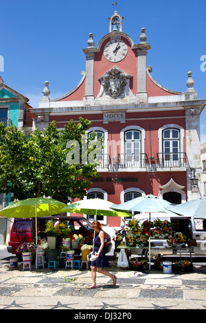 Blume-Stall im Markt mit ehemaligen Rathaus hinter. Praca da Republica, Stadtzentrum, Caldas da Rainha, Zentral-Portugal. Stockfoto