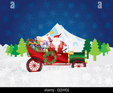 Weihnachtsmann mit Geschenken und Ringing Bell in einem alten Oldtimer in einer kalten verschneiten Nacht Stockfoto