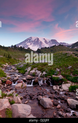 Mount Rainier über Edith Bach als die Wolken machen rosa über seinen Gipfel, Mount-Rainier-Nationalpark, Washington. Stockfoto