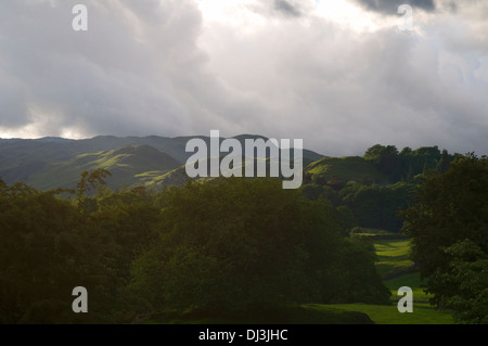 Weiten Blick von der Lake District National Park es ist sonnenbeschienenen Hügeln und Tal Wälder und grüne Weiden Stockfoto