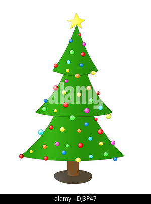 Illustration der Weihnachtsbaum geschmückt mit bunten Kugeln und ein gelber Stern Stockfoto