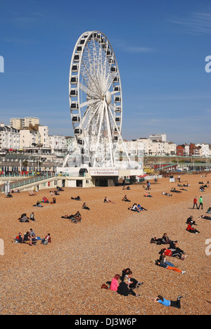 Riesenrad am Meer und Strand mit Menschen. Brighton. East Sussex. England Stockfoto