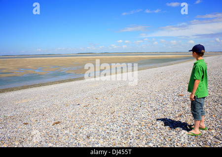 Junge, Blick auf die Baie De La Somme und Chenal De La Somme in Le Hourdel, Somme, Picardie, Frankreich Stockfoto