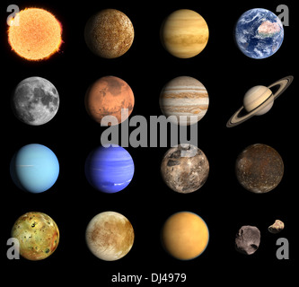 Ein gerendertes Bild der Planeten und einige Monde unseres Sonnensystems. Stockfoto