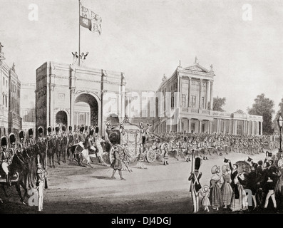 Krönungsprozession von Königin Victoria im Jahre 1838, Buckingham Palast durch die Marble Arch verließ. Stockfoto