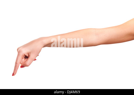 Eine Frau drückt einen Finger... Stockfoto