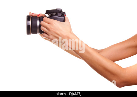 Die Hände von Frauen halten Sie die Kamera. Stockfoto