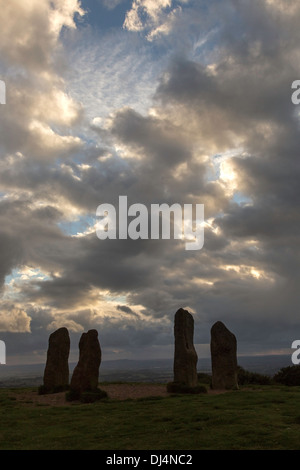 Die Clent Hügel vier Menhire bei Dämmerung, Worcestershire, England, UK Stockfoto