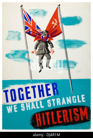 1940er Jahren WW2 humorvollen Propaganda Poster mit Hitler wird erwürgt von britischen und russischen Fahnen Stockfoto