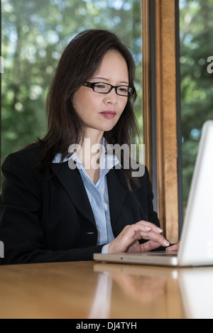 Frau in der Wirtschaft zu entsprechen, mit Laptop auf dem Schreibtisch eingeben und suchen vor einem Fenster Stockfoto