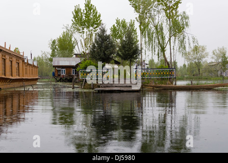 Kleiner Garten mit Bäumen, Haus und Hausboot in der Dal-See in Srinagar, Kaschmir, Indien, auf der Suche sehr schön. Stockfoto