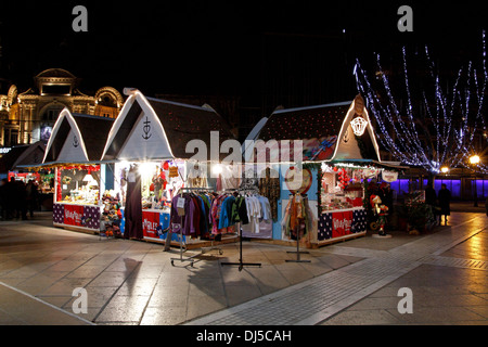 Weihnachtsmarkt in Montpellier, Place De La Comedie, Languedoc-Roussillon, Frankreich Stockfoto