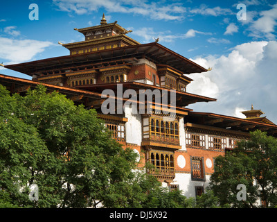 Bhutan, Punakha Dzong, Kloster Gebet Rathausturm, dekoriert Holzstruktur Stockfoto