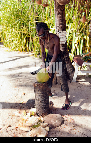 Obstverkäufer am Strand von Guadeloupe peeling eine Kokosnuss mit einer machete Stockfoto