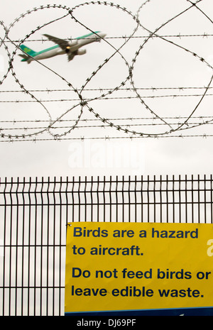 Zeichen über Vogel schlägt am Sicherheitszaun am Flughafen Manchester, UK. Stockfoto