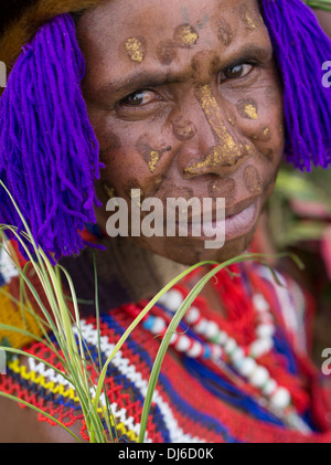 Frau eines Goroka Provinz Singsing Fraktion, Goroka Show, Papua Neu Guinea mit traditioneller Bemalung und Kopfschmuck Stockfoto