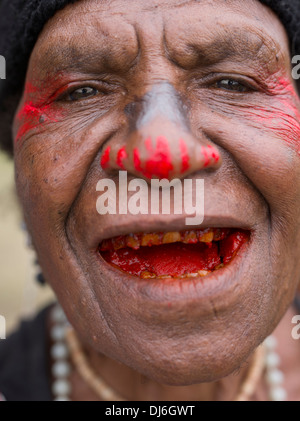 Ältere Frau aus Singsing Group, kauen Betelnuss Goroka Show, Papua New Guinea Stockfoto
