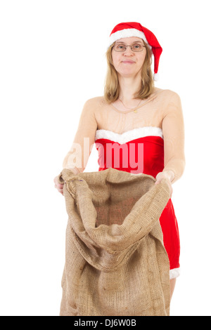 Lächelnde Frau Claus mit großen Jute-Tasche Stockfoto